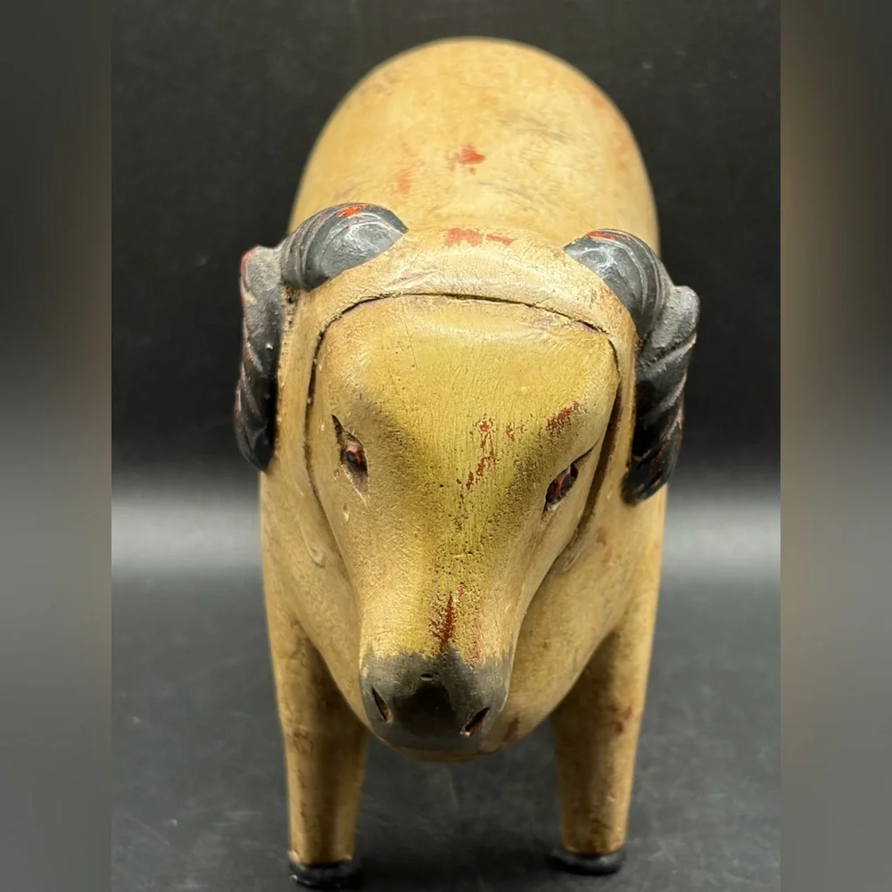 Vintage Hand Painted Carved Wood Sheep Ram Figure Sculpture Folk Art Collectible